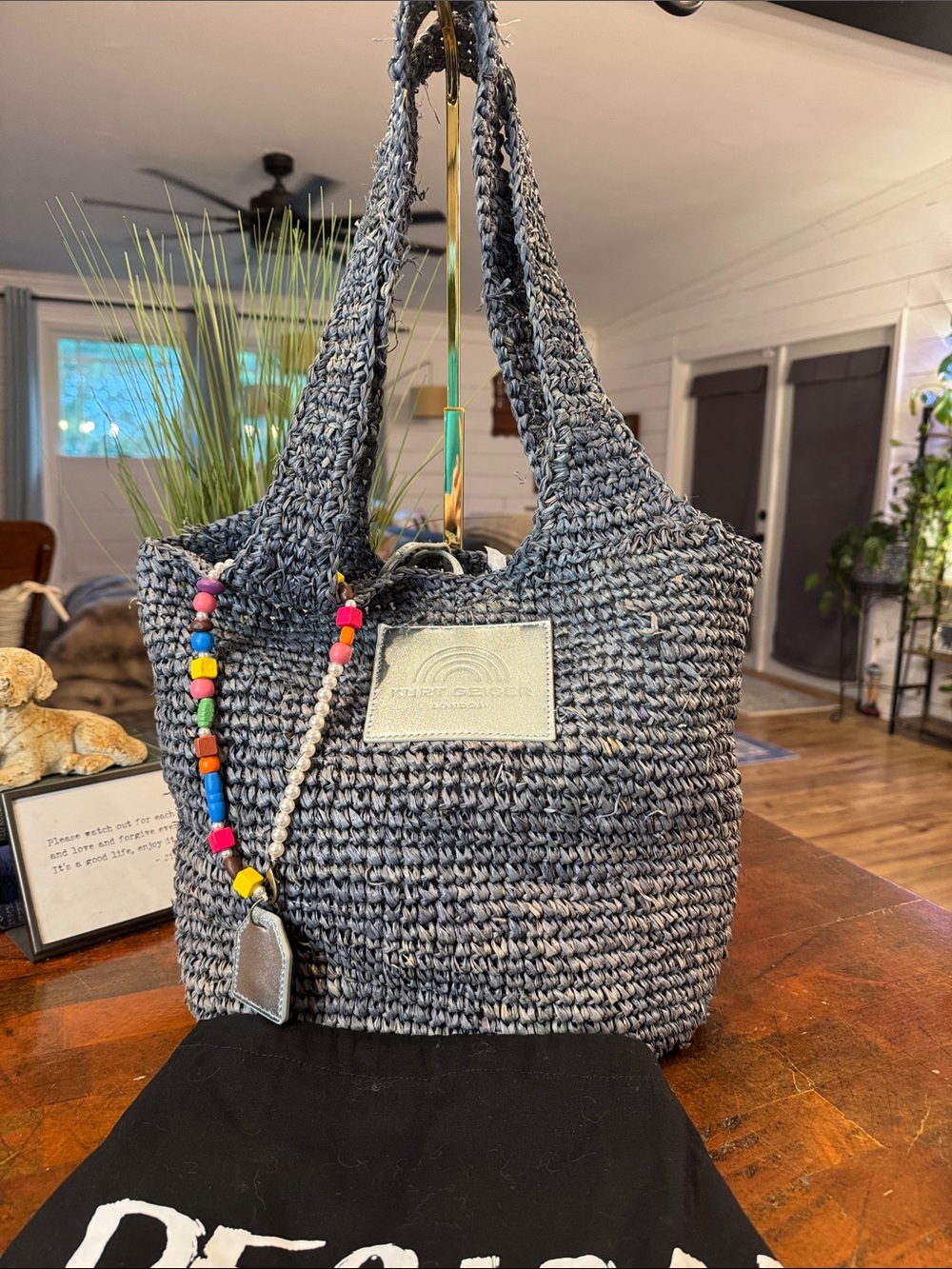 Kurt Geiger Gray Crocheted Raffia Hobo Bag with Beaded Charm